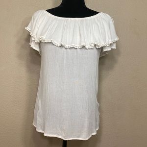 Women’s Ruffle Layer, Peasant Blouse, Flutter Sleeve, White, Off-Shoulder Size M